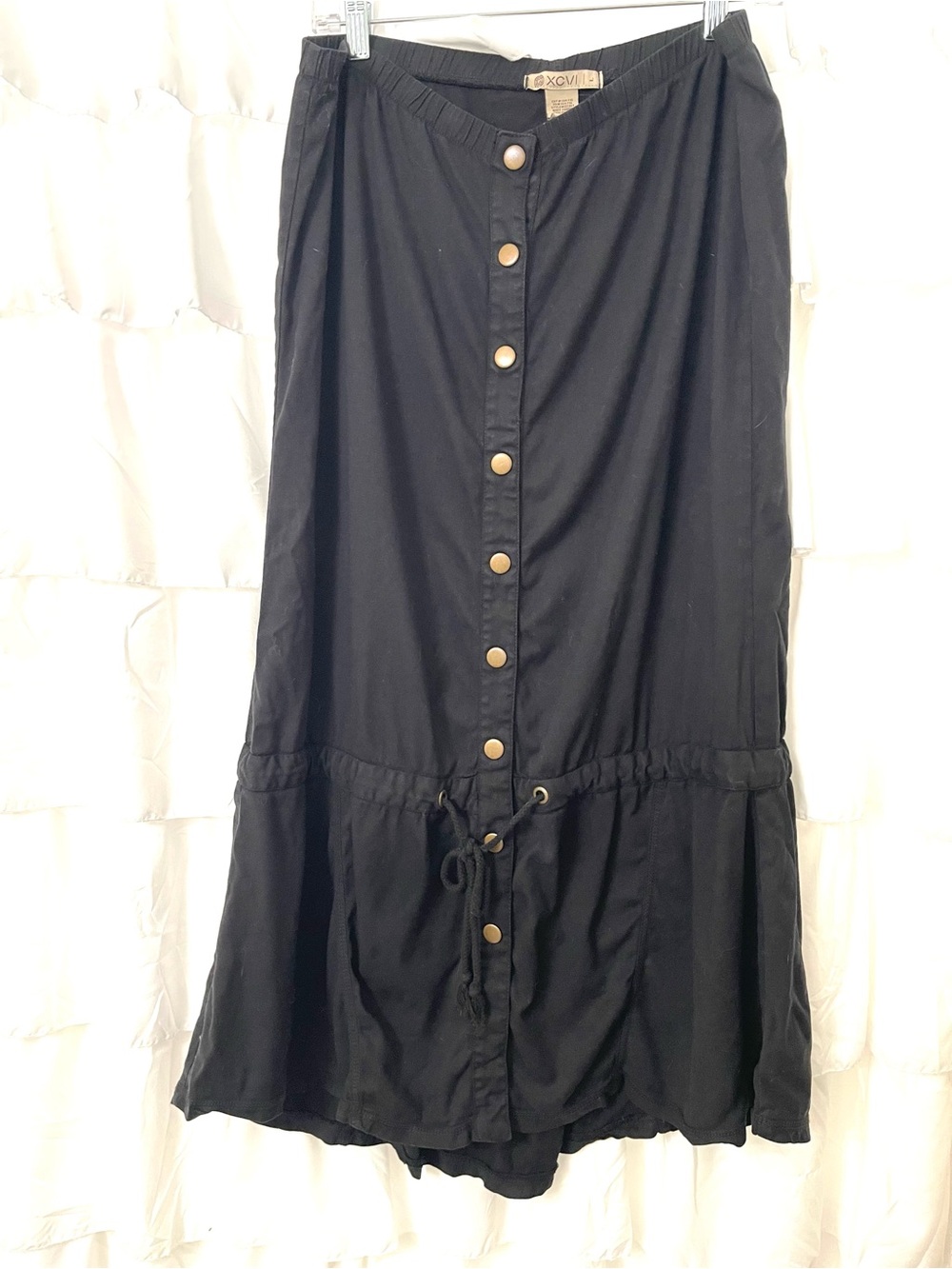 XCVI Black Button-Front Drawstring Maxi Skirt with Brass Buttons